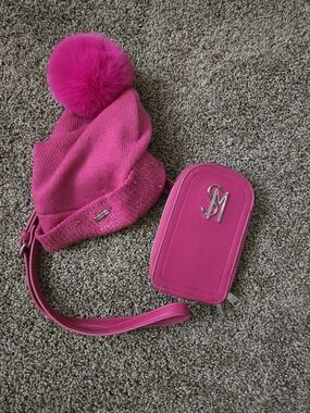 Kids Hot Pink Pom Beanie & Crossbody Pouch Set